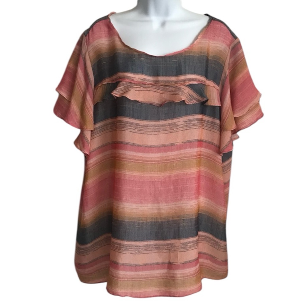 🔴 4/$15 Zac & Rachel Brand Pink Tan Sunset SS Top Blouse in plus size 2X in EUC
